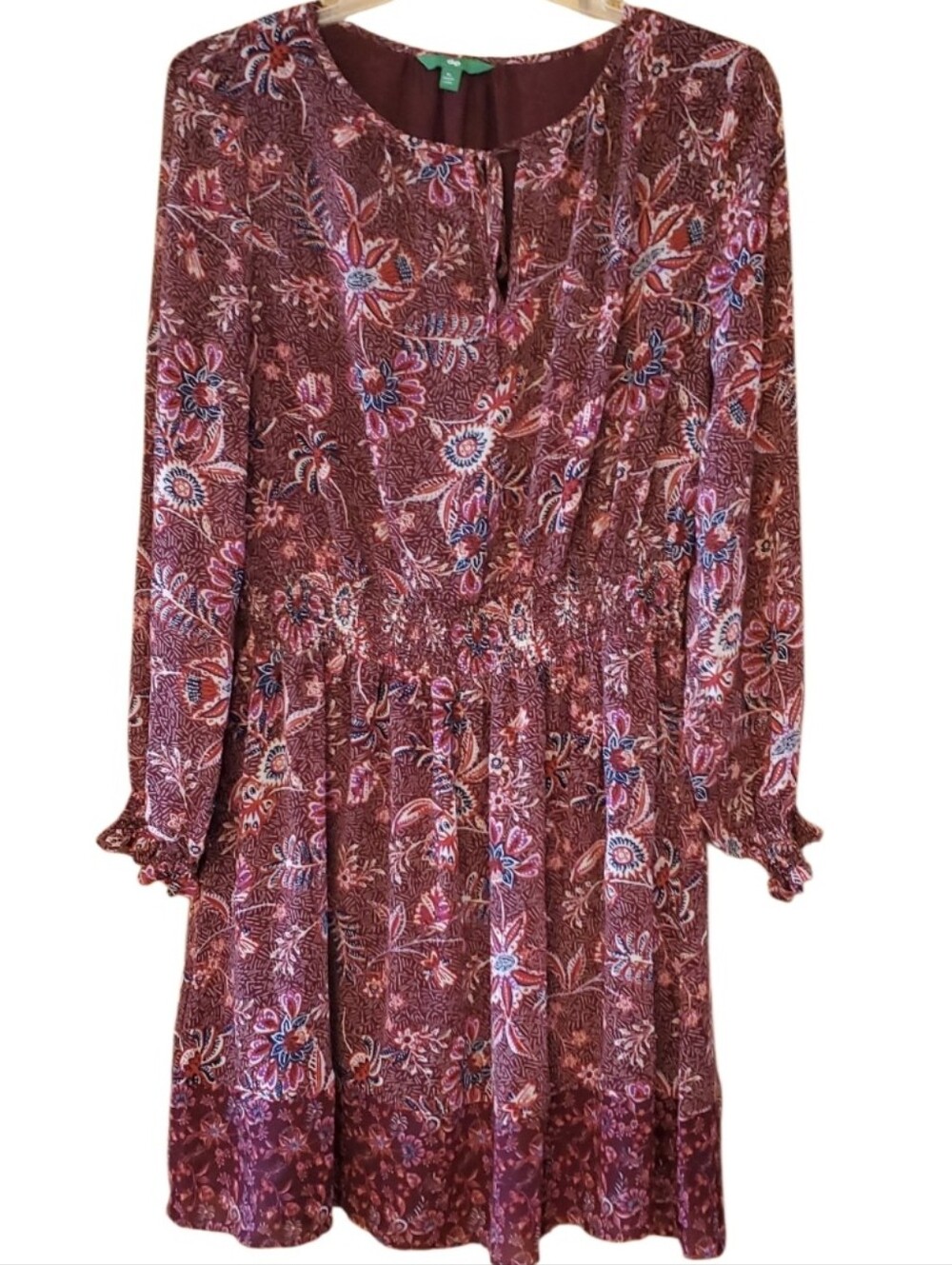 Dip Women's Burgundy Floral Smocked Cottagecore Long-Sleeve Dress Size XL